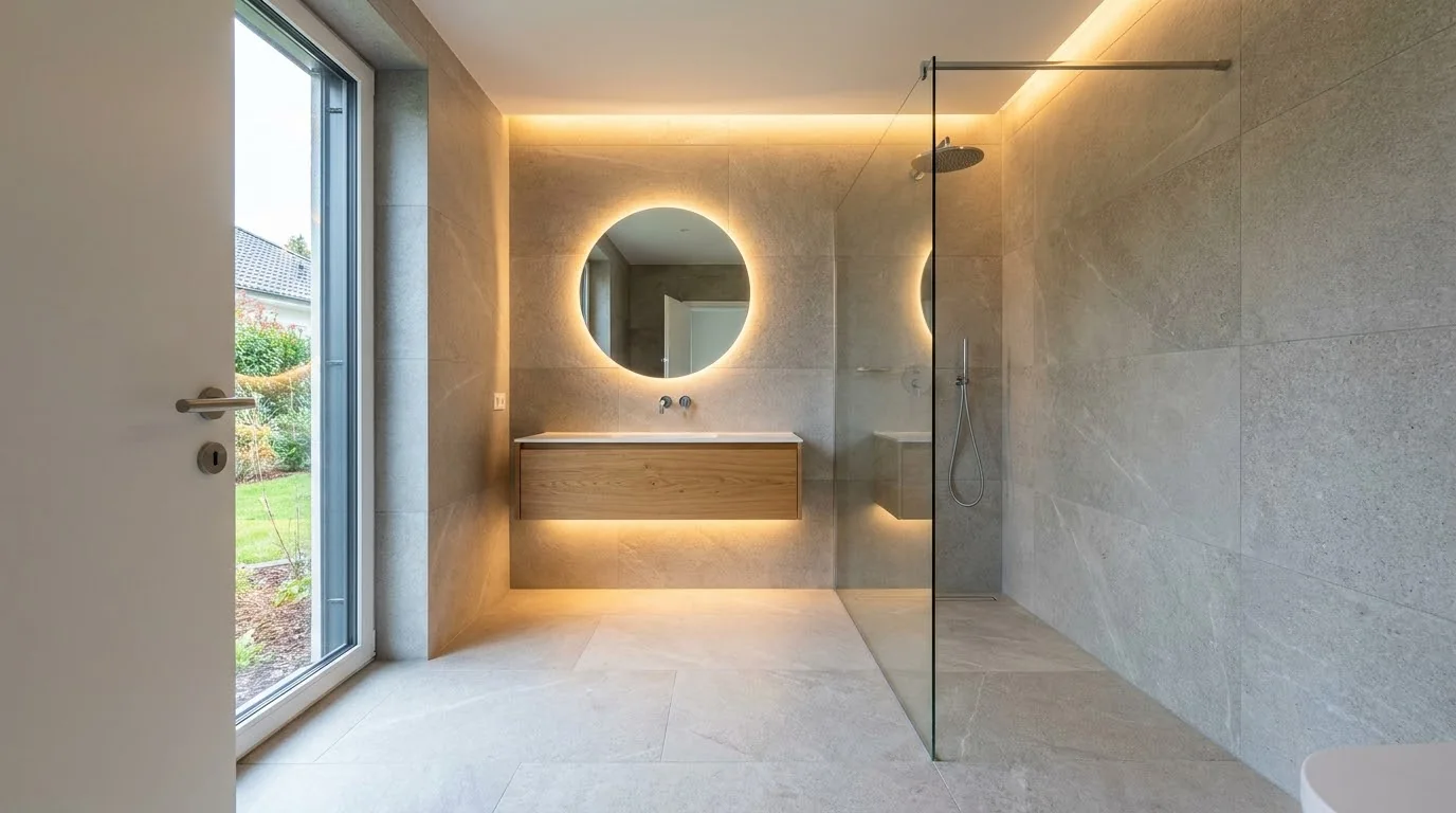 Saniertes Bad mit grossen Steinplatten, begehbarer Dusche, rundem Lichtspiegel und Waschtisch aus Eiche